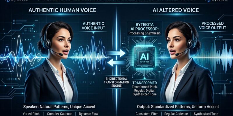 Split-screen visualization showing human speaking naturally on left and AI voice processor transforming accent patterns on right