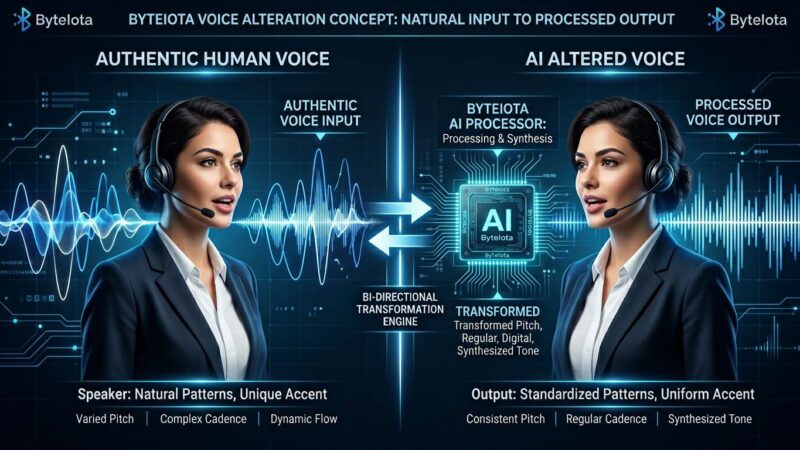 Split-screen visualization showing human speaking naturally on left and AI voice processor transforming accent patterns on right
