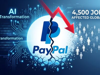 PayPal logo cracking under AI transformation pressure with workers fading and stock declining