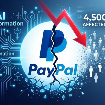 PayPal logo cracking under AI transformation pressure with workers fading and stock declining