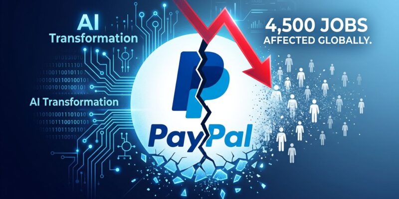 PayPal logo cracking under AI transformation pressure with workers fading and stock declining