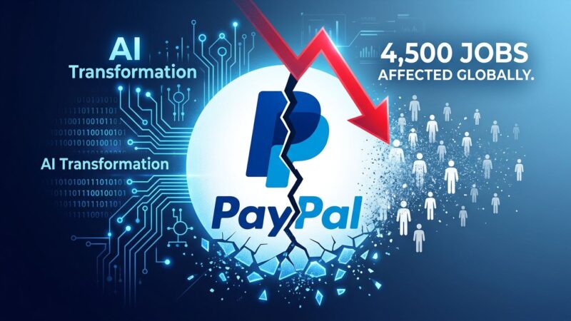 PayPal logo cracking under AI transformation pressure with workers fading and stock declining
