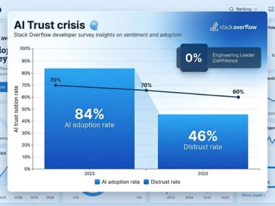 Data visualization showing Stack Overflow 2025 survey results: 84% AI adoption versus 46% distrust rate, with declining trust trend from 70% to 60%