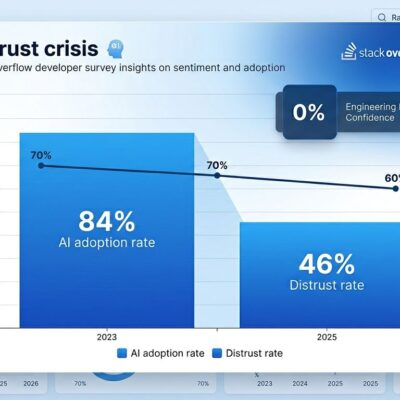 Data visualization showing Stack Overflow 2025 survey results: 84% AI adoption versus 46% distrust rate, with declining trust trend from 70% to 60%