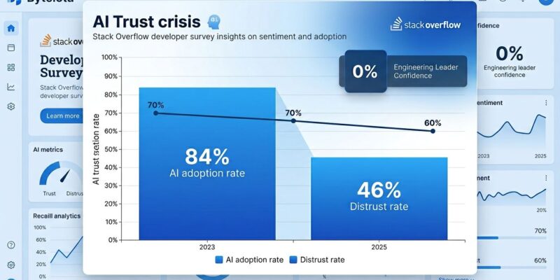 Data visualization showing Stack Overflow 2025 survey results: 84% AI adoption versus 46% distrust rate, with declining trust trend from 70% to 60%