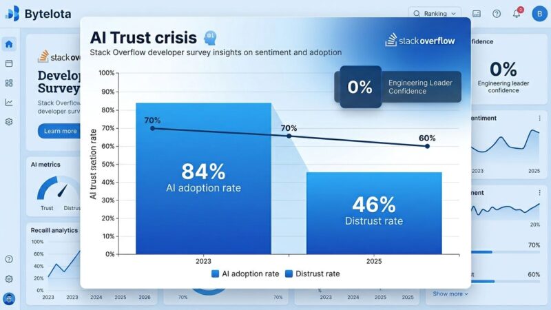 Data visualization showing Stack Overflow 2025 survey results: 84% AI adoption versus 46% distrust rate, with declining trust trend from 70% to 60%