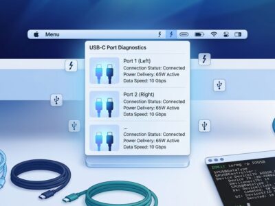 macOS menu bar showing USB-C cable diagnostics with Thunderbolt symbols