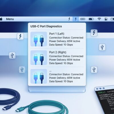 macOS menu bar showing USB-C cable diagnostics with Thunderbolt symbols
