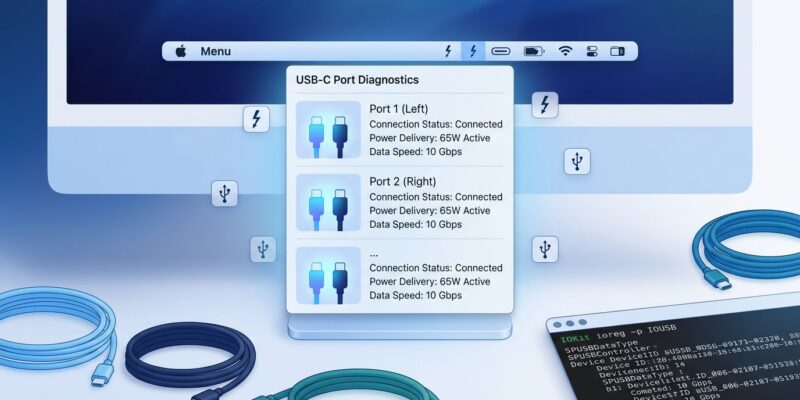 macOS menu bar showing USB-C cable diagnostics with Thunderbolt symbols