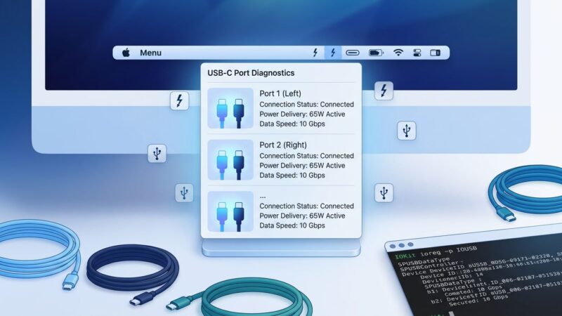macOS menu bar showing USB-C cable diagnostics with Thunderbolt symbols