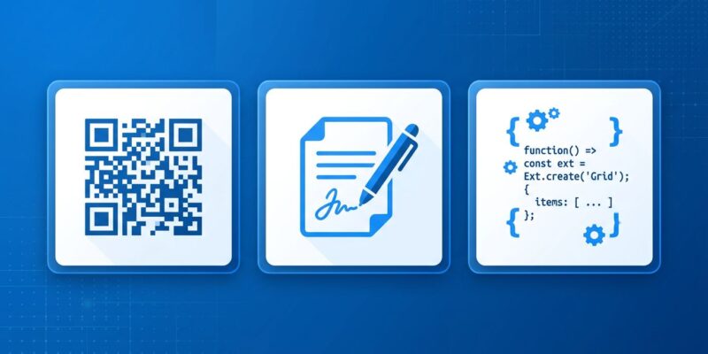 Ext JS 8.0 enterprise framework tutorial showing QR code generation and digital signature capture components