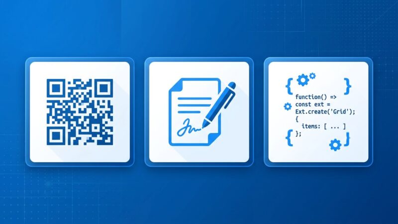 Ext JS 8.0 enterprise framework tutorial showing QR code generation and digital signature capture components