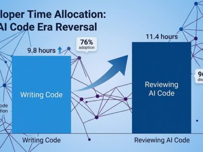 Data visualization showing developers now spend 11.4 hours reviewing AI code vs 9.8 hours writing, illustrating the verification bottleneck