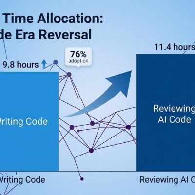 Data visualization showing developers now spend 11.4 hours reviewing AI code vs 9.8 hours writing, illustrating the verification bottleneck