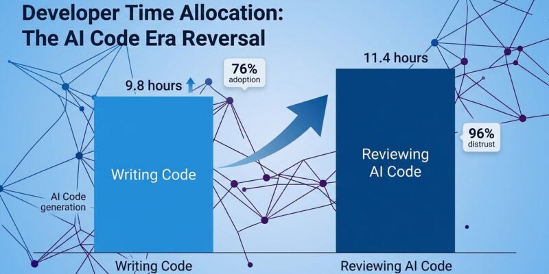 Data visualization showing developers now spend 11.4 hours reviewing AI code vs 9.8 hours writing, illustrating the verification bottleneck