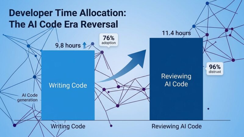 Data visualization showing developers now spend 11.4 hours reviewing AI code vs 9.8 hours writing, illustrating the verification bottleneck