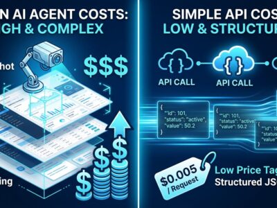 Split-screen comparison showing vision AI automation with high costs on left versus structured API approach with low costs on right