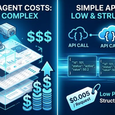 Split-screen comparison showing vision AI automation with high costs on left versus structured API approach with low costs on right