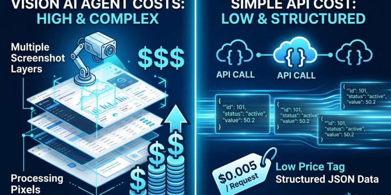 Split-screen comparison showing vision AI automation with high costs on left versus structured API approach with low costs on right