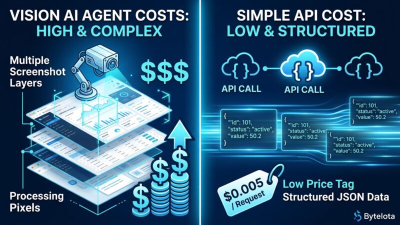 Split-screen comparison showing vision AI automation with high costs on left versus structured API approach with low costs on right