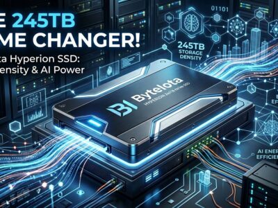Professional tech illustration of massive 245TB SSD data center storage drive with blue and white accents