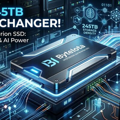 Professional tech illustration of massive 245TB SSD data center storage drive with blue and white accents