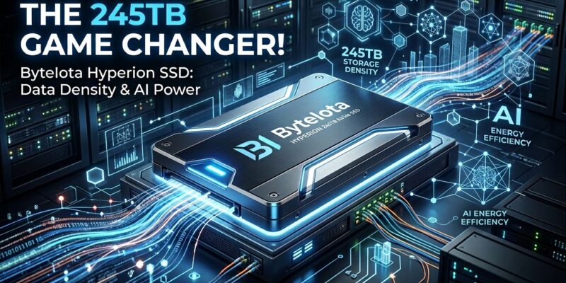Professional tech illustration of massive 245TB SSD data center storage drive with blue and white accents