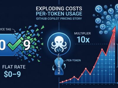 Cost spike visualization showing GitHub Copilot flat-rate subscription ending and token-based AI credits billing taking over, with 10x to 60x cost multipliers for developers