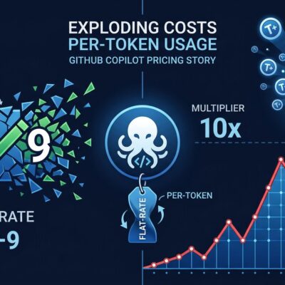 Cost spike visualization showing GitHub Copilot flat-rate subscription ending and token-based AI credits billing taking over, with 10x to 60x cost multipliers for developers