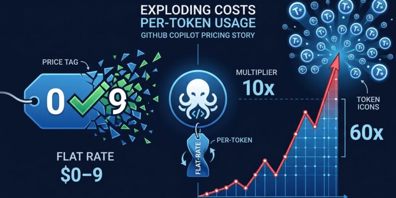 Cost spike visualization showing GitHub Copilot flat-rate subscription ending and token-based AI credits billing taking over, with 10x to 60x cost multipliers for developers