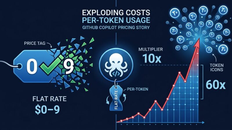 Cost spike visualization showing GitHub Copilot flat-rate subscription ending and token-based AI credits billing taking over, with 10x to 60x cost multipliers for developers