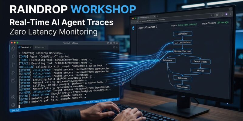 Raindrop Workshop local AI agent debugger showing real-time trace streaming in a browser dashboard