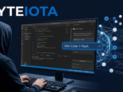 MAI-Code-1-Flash model selected in GitHub Copilot VS Code model picker with neural network visualization in blue and white