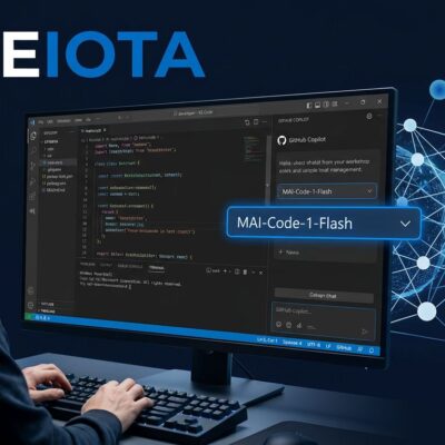 MAI-Code-1-Flash model selected in GitHub Copilot VS Code model picker with neural network visualization in blue and white