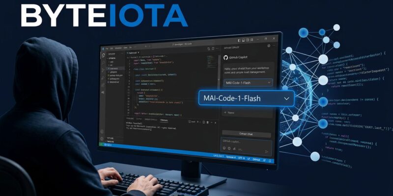 MAI-Code-1-Flash model selected in GitHub Copilot VS Code model picker with neural network visualization in blue and white