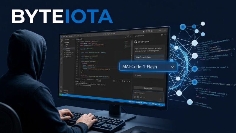 MAI-Code-1-Flash model selected in GitHub Copilot VS Code model picker with neural network visualization in blue and white