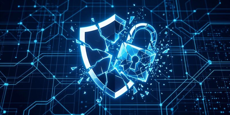 Abstract visualization of a broken padlock over a blue network grid representing the CVE-2026-0257 GlobalProtect VPN authentication bypass vulnerability