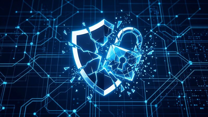 Abstract visualization of a broken padlock over a blue network grid representing the CVE-2026-0257 GlobalProtect VPN authentication bypass vulnerability
