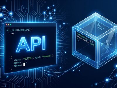 Google Gemini Managed Agents API: autonomous agent sandboxed Linux environment with blue circuit patterns
