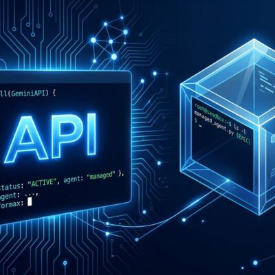 Google Gemini Managed Agents API: autonomous agent sandboxed Linux environment with blue circuit patterns