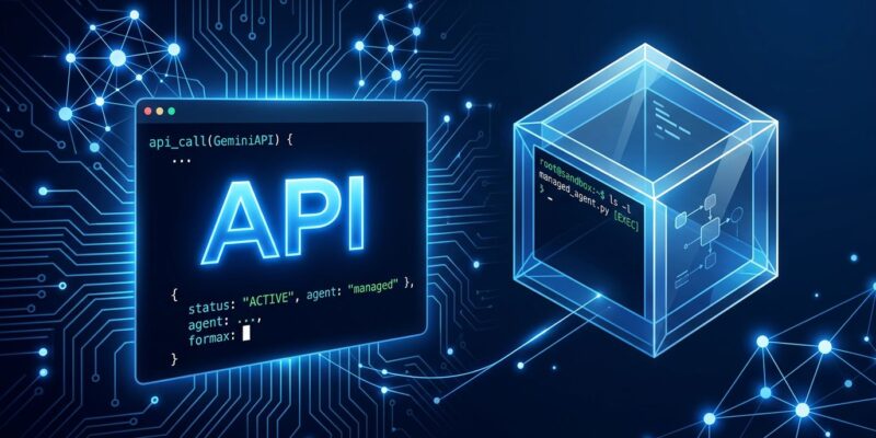Google Gemini Managed Agents API: autonomous agent sandboxed Linux environment with blue circuit patterns