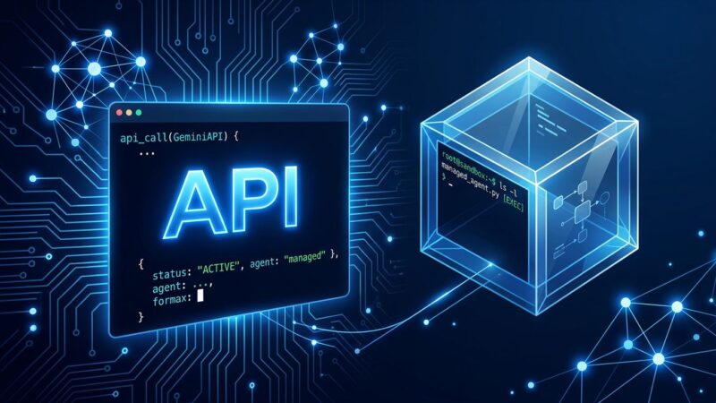 Google Gemini Managed Agents API: autonomous agent sandboxed Linux environment with blue circuit patterns