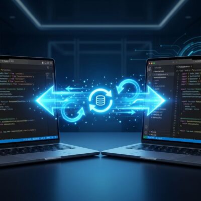 VS Code 1.123 showing agent session sync between two laptops with blue sync arrows on dark background