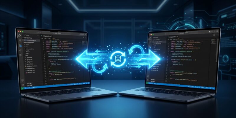 VS Code 1.123 showing agent session sync between two laptops with blue sync arrows on dark background