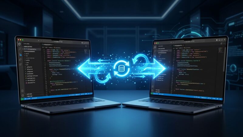 VS Code 1.123 showing agent session sync between two laptops with blue sync arrows on dark background