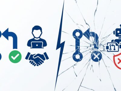 Split-screen illustration showing the contrast between trusted human open source contributions and AI-generated pull requests breaking the trust signal
