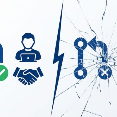 Split-screen illustration showing the contrast between trusted human open source contributions and AI-generated pull requests breaking the trust signal