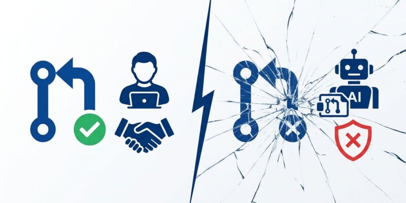 Split-screen illustration showing the contrast between trusted human open source contributions and AI-generated pull requests breaking the trust signal