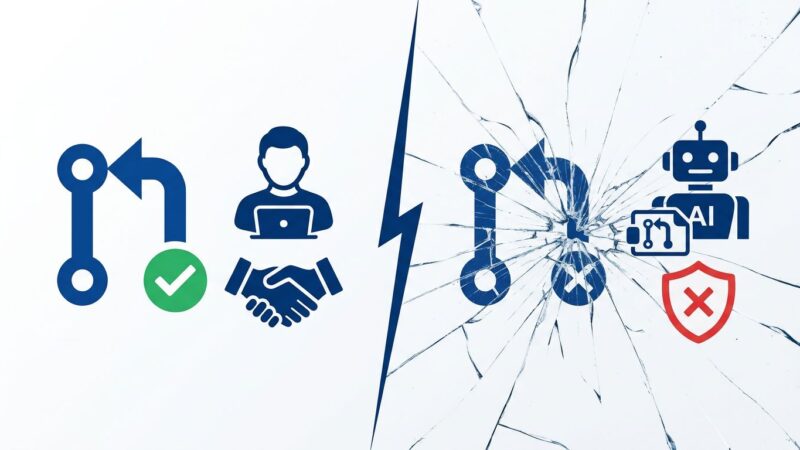 Split-screen illustration showing the contrast between trusted human open source contributions and AI-generated pull requests breaking the trust signal