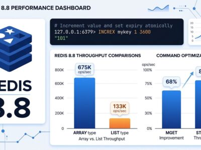Data visualization dashboard showing Redis 8.8 performance improvements including Array type throughput, MGET gains, and stream throughput increases